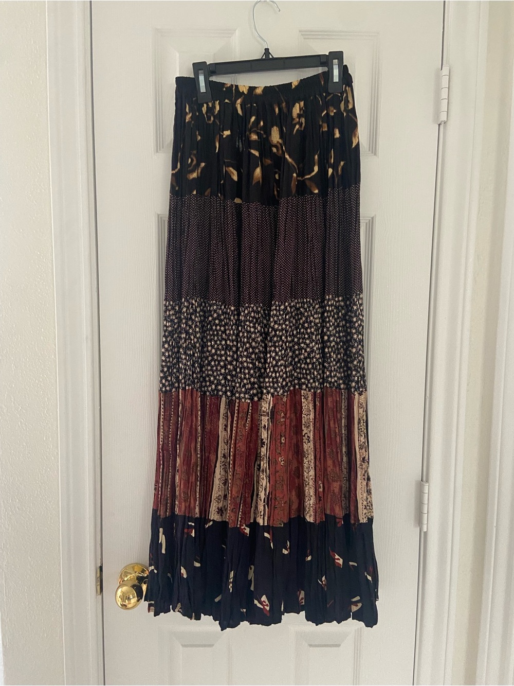 RSVP Mixed-Print Tiered Maxi Skirt in Black and Burgundy